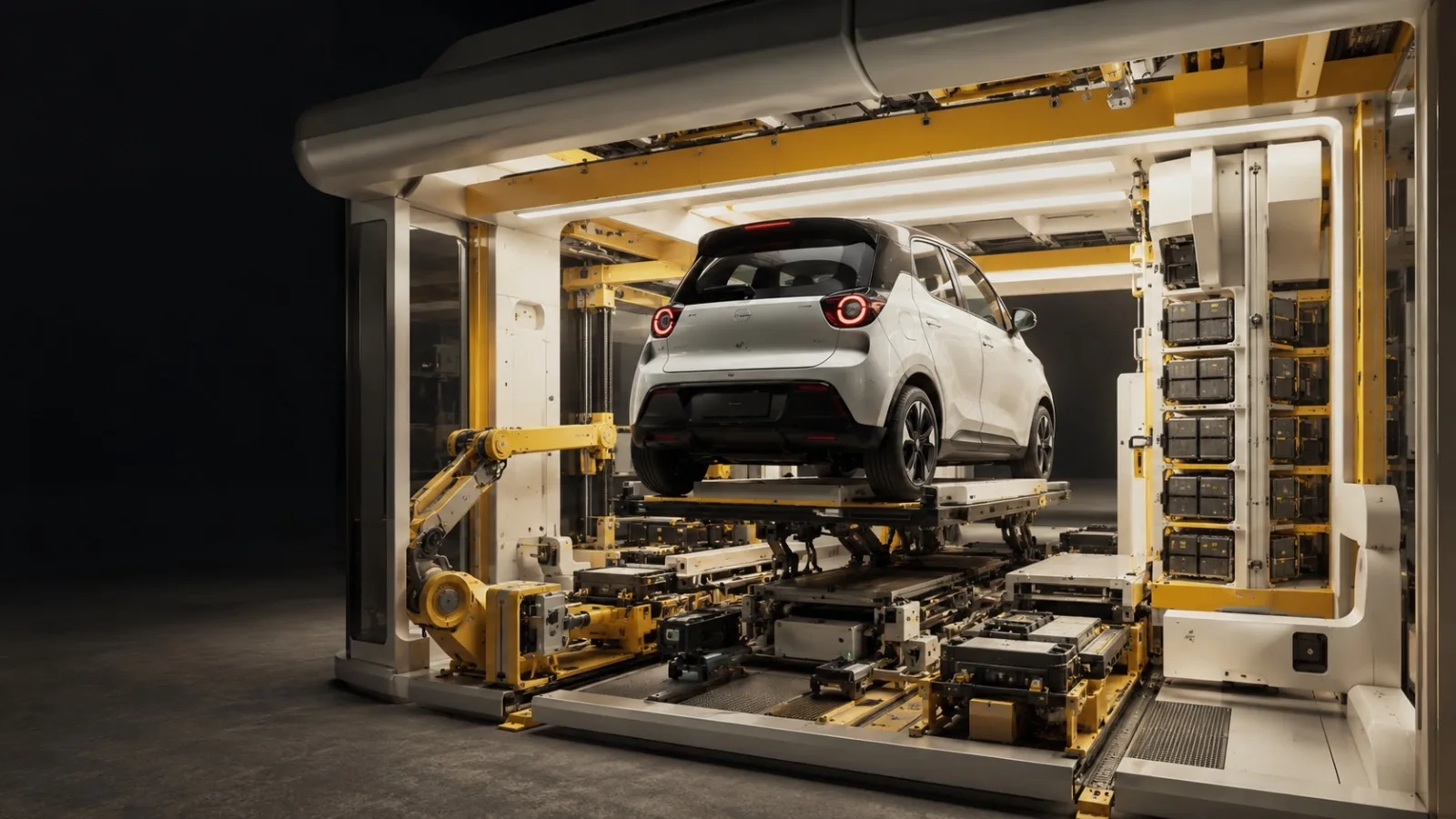 Modular swapping robot working under a car in a compact bay