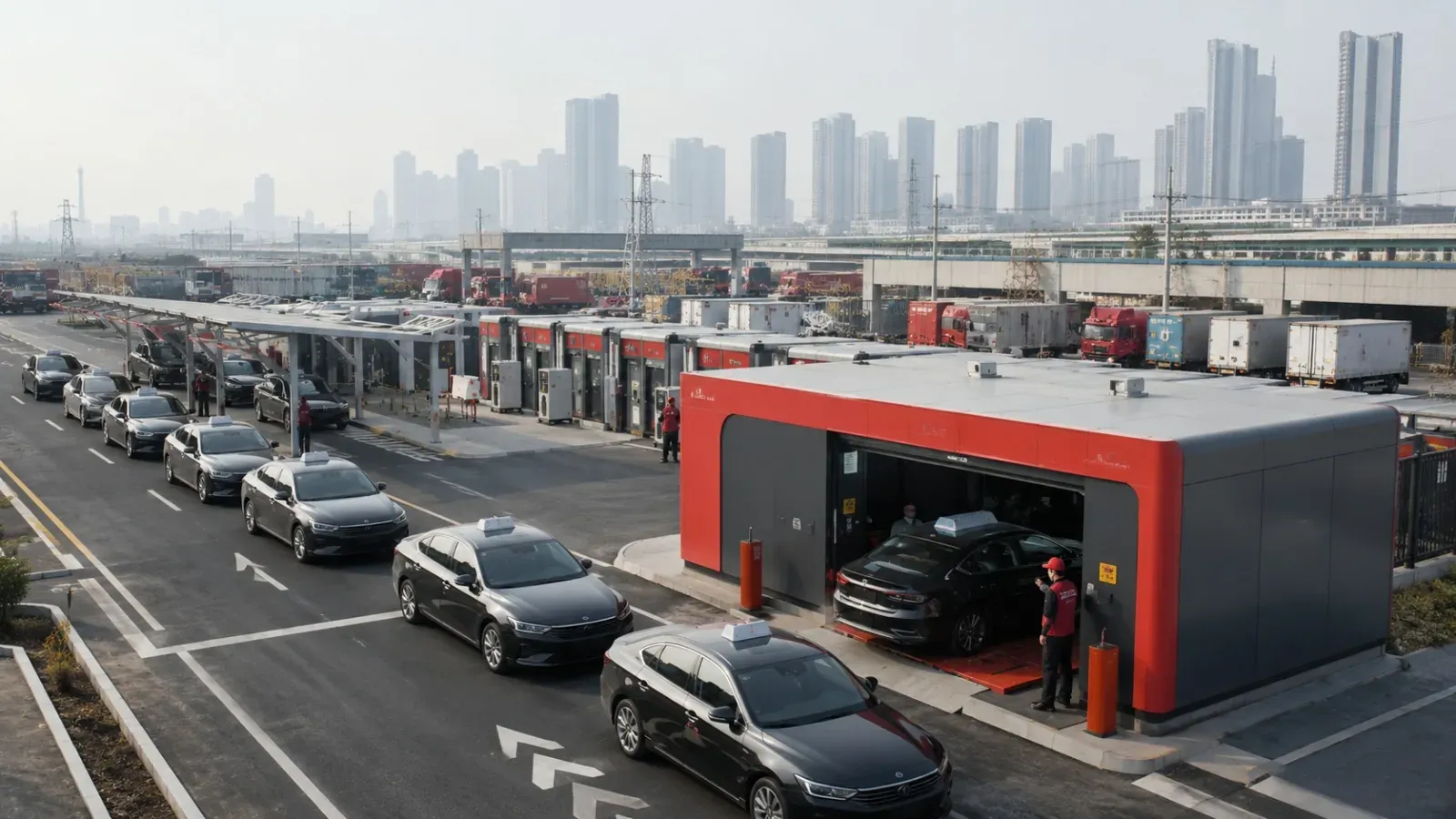 Row of swap bays at a city depot, taxis queuing at the entrance.