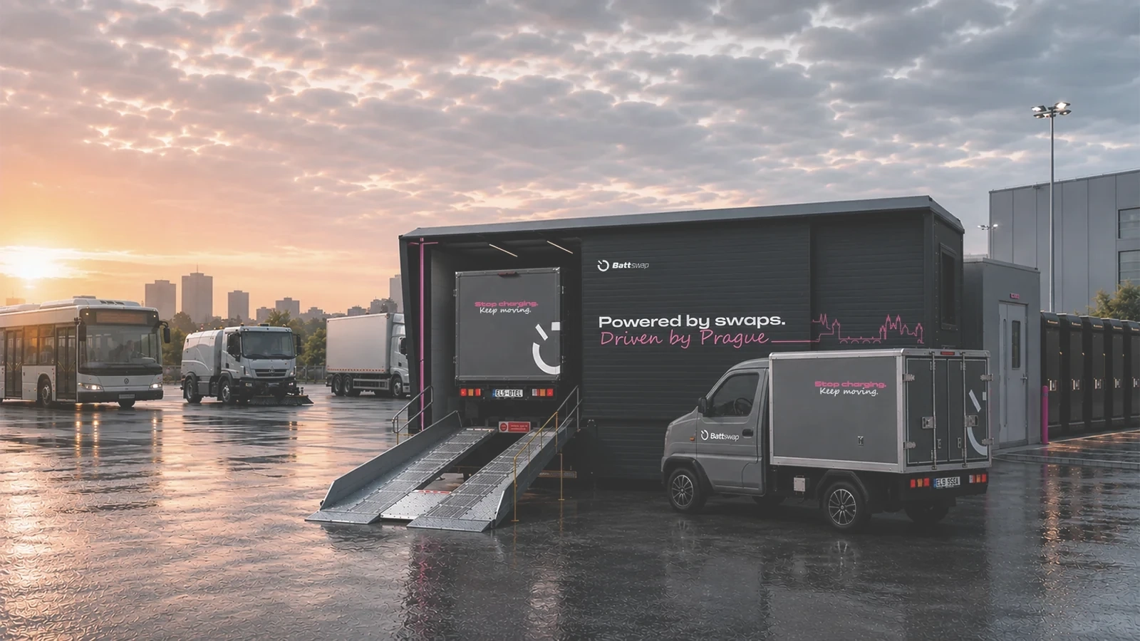 Battswap container station at dawn with a van and city fleet behind it