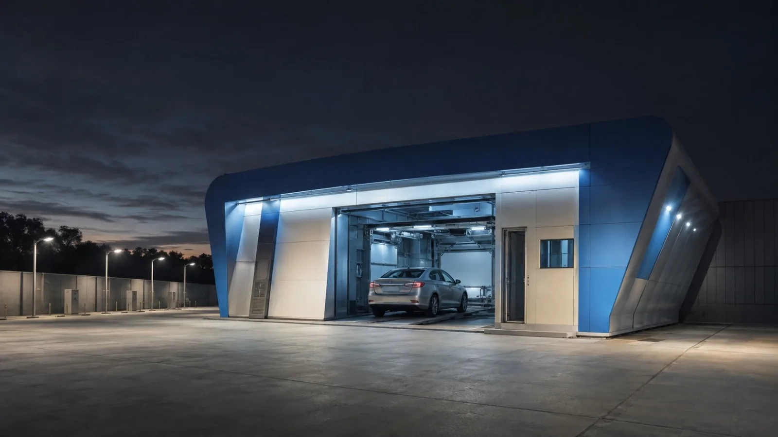 Battery swap lane under a canopy at dusk