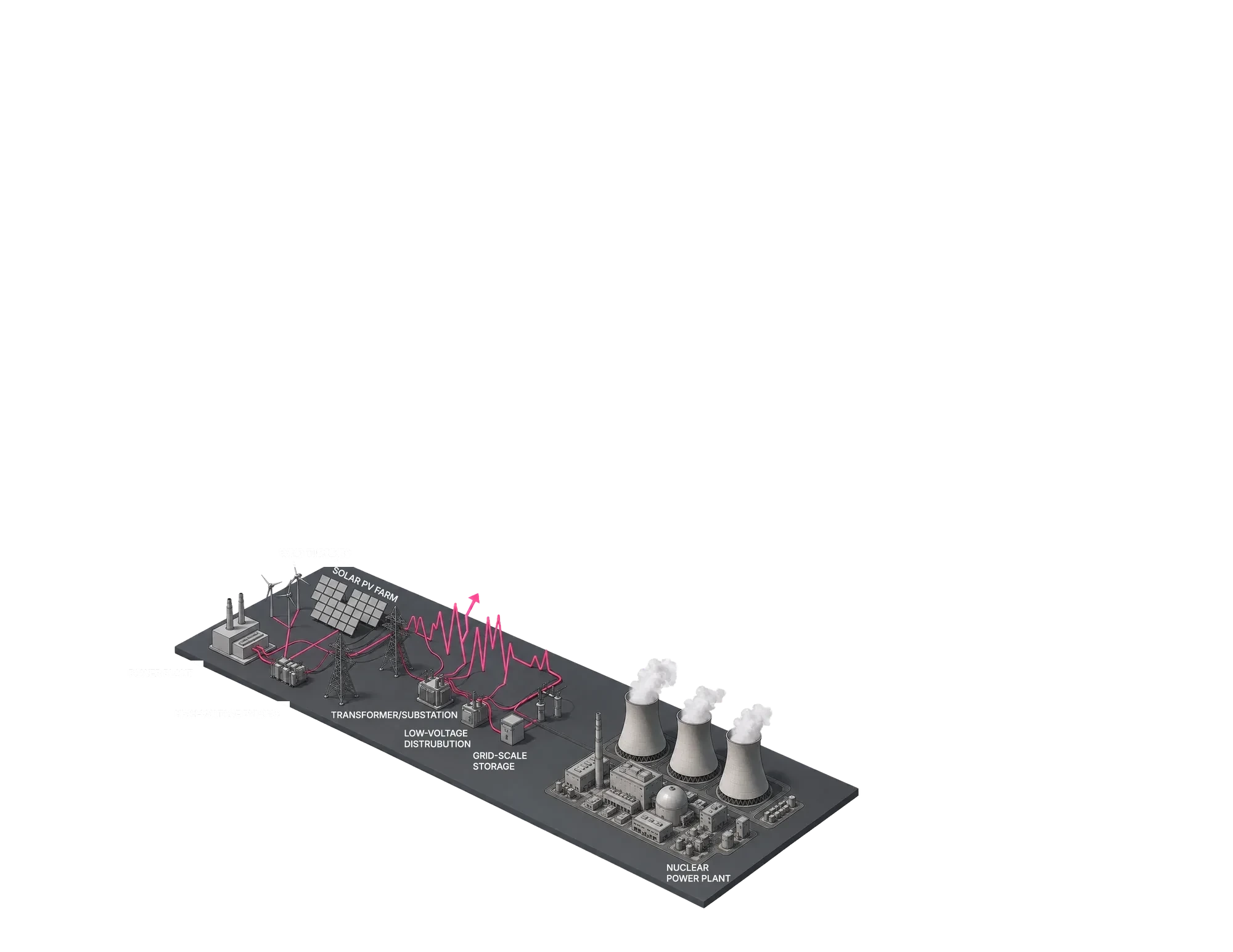 Energy layer: power plant, wind turbines, solar farm, pylons, substation and grid-scale storage.