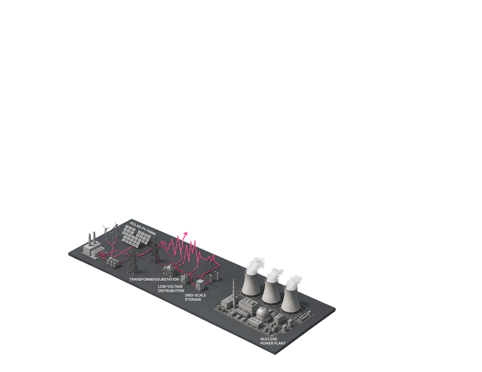 Energy layer: power plant, wind turbines, solar farm, pylons, substation and grid-scale storage.